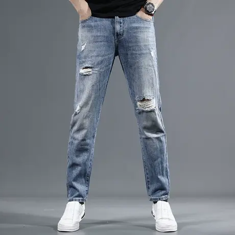 2023夏季新款宽松牛仔裤男高街时尚破洞男士直筒潮流弹力薄款裤子商品大图