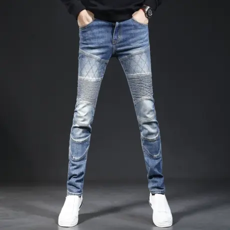 美式机车牛仔裤男秋季2023新款蓝色潮牌修身小脚潮流男士弹力裤子商品大图