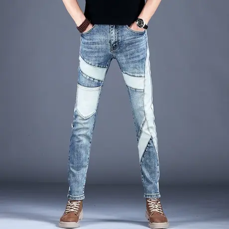 男士拼接破洞牛仔裤潮牌男春百搭2023美式高街男款裤子男修身小脚图片