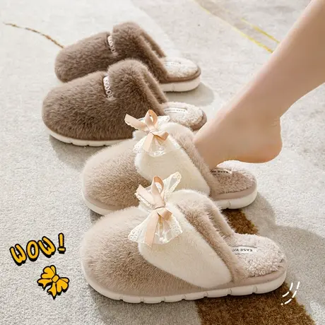 可爱毛绒厚底2023新款蝴蝶结棉拖鞋女士冬季室内家居保暖棉拖外穿商品大图