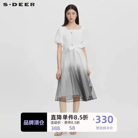 sdeer圣迪奥女装方领收腰泡泡袖连衣裙S232Z1275图片