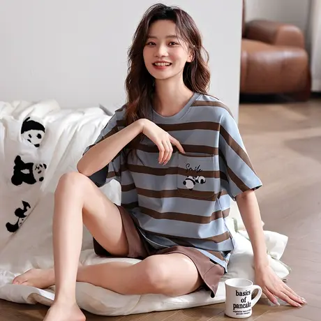 婷美条纹睡衣女夏季纯棉短袖短裤圆领全棉简约休闲薄款家居服套装商品大图