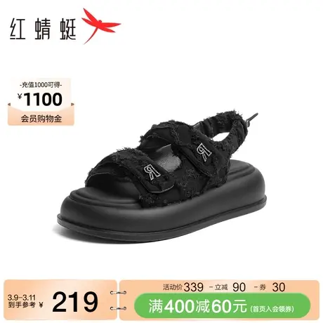 红蜻蜓布丁小香风厚底凉鞋女夏季女鞋外穿黑色休闲沙滩鞋图片