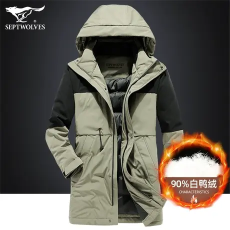 七匹狼狼族生活连帽羽绒服2023冬季中长年时尚拼接保暖白鸭绒外套商品大图