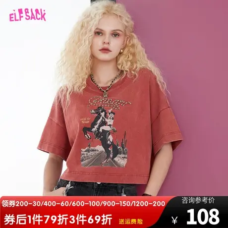 妖精的口袋红色短袖印花短款t恤女2023夏季新款美式小个子上衣潮图片
