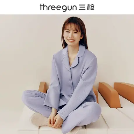 三枪秋冬新款女士睡衣全棉加厚保暖开襟翻领可外穿家居服男款套装商品大图