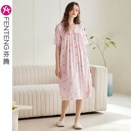 芬腾睡裙女夏季短袖薄款透气中长裙清新甜美碎花可外穿家居服睡衣商品大图