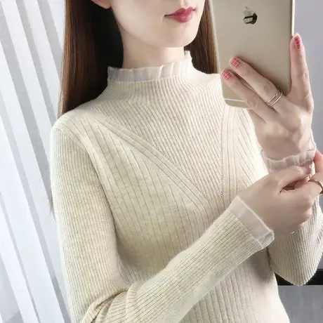 黑色打底针织衫女长袖内搭修身秋冬新款中领上衣欧根纱半高领毛衣图片