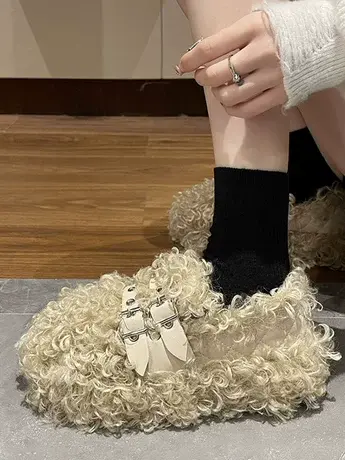 厚底黑色羊卷毛毛拖鞋女秋冬外穿2023年新款小众设计感增高毛毛鞋图片