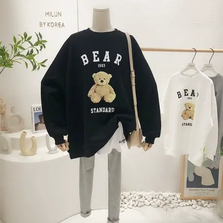 2021秋冬新款韩国东大门chic复古港风字母小熊加绒卫衣宽松BF大码商品大图