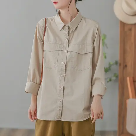 dza 复古纯色全棉翻领长袖衬衫女秋新款宽松休闲上衣口袋显瘦衬衣图片