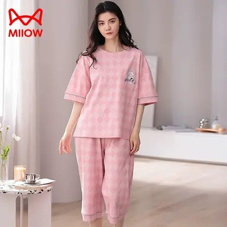 猫人睡衣女夏季薄款短袖七分裤可外穿休闲女生纯棉透气家居服套装图片