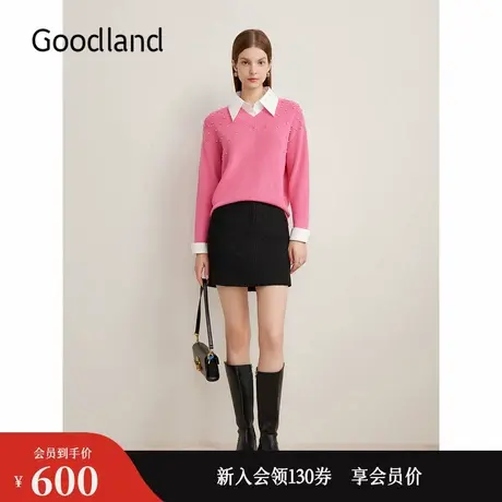 Goodland美地秋季撞色小翻领假两件毛针织衫玫粉上衣图片