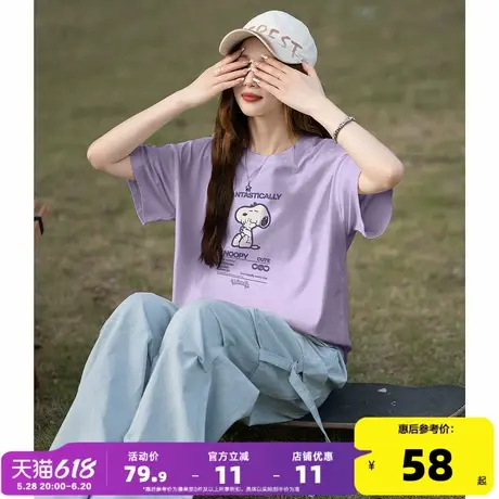 【史努比联名款】唐狮2025春夏新款女短袖T恤黑色圆领纯棉潮流商品大图
