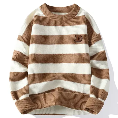 菠萝条纹圆领毛衣男士秋冬季加厚潮流潮牌撞色针织打底衫休闲男装商品大图