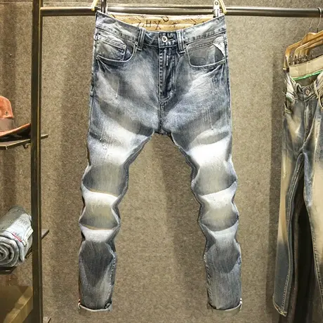 欧美复古修身牛仔裤男款水洗耐磨小脚裤子男秋冬款潮牌猫须长裤子商品大图