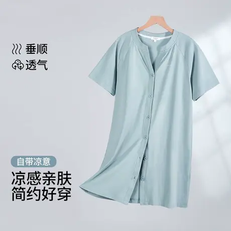SHCER夏季新款凉感棉睡裙女开衫系扣短袖中长款睡衣可外穿家居服S商品大图