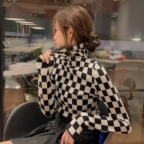 棋盘格高领打底衫女秋冬2023年新款修身内搭针织爆款黑白格子毛衣商品大图