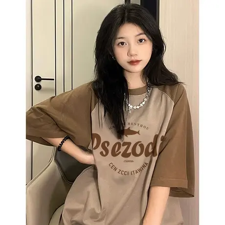 撞色夏季插肩袖T恤短袖女oversize大码纯棉正肩设计感ins潮牌上衣商品大图