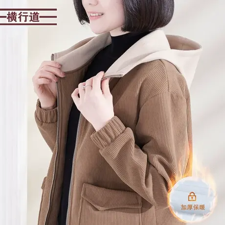 连帽加绒灯芯绒长袖外套落肩袖加厚休闲宽松外穿拉链上衣2023新款商品大图