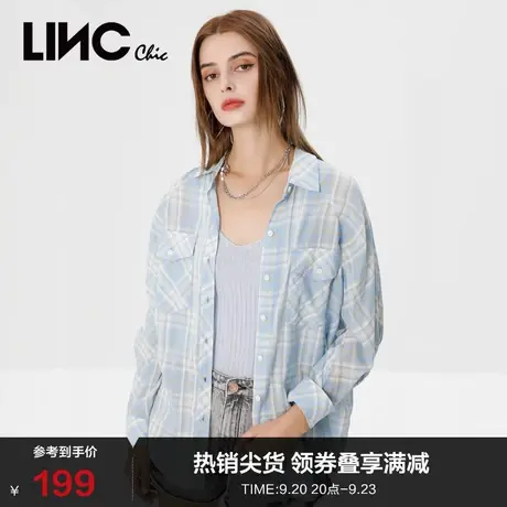 LINCCHIC金羽杰衬衫女新款复古休闲格纹宽松衬衫女上衣S222SH569图片