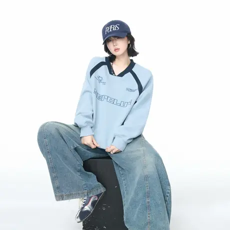 YEP秋季新款插肩袖卫衣外套女2025新款美式潮牌拼接宽松套头上衣图片