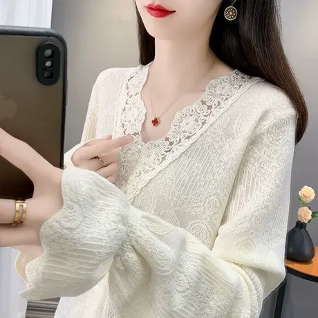 蕾丝钩花喇叭袖针织衫女2025春秋新款外穿上衣内搭毛衣女打底衫潮商品大图