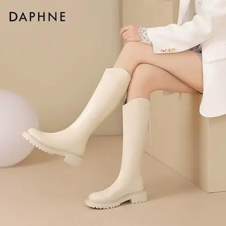 达芙妮V口长筒靴女秋冬时尚百搭女靴显瘦高筒靴女米白色骑士靴子图片