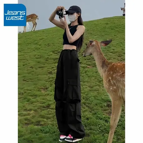 KV真维斯美式黑色工装裤女春秋宽松直筒休闲阔腿裤登山冲锋运动裤商品大图