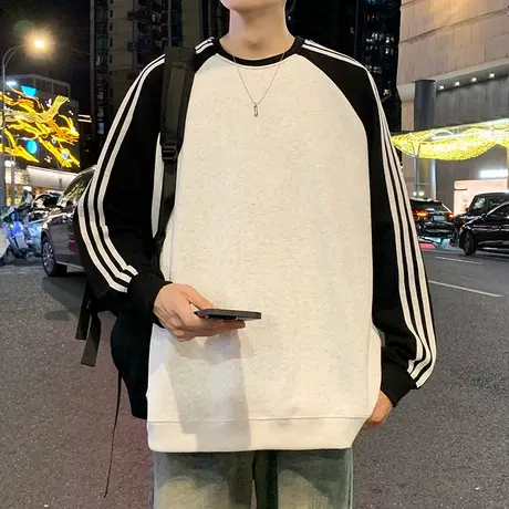 春秋季圆领卫衣复古纯色条纹拼接宽松打底衫美式潮牌长袖t恤男女商品大图