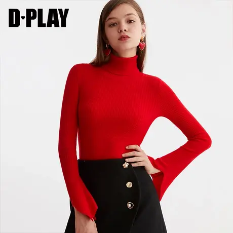 DPLAY德帕拉冬装年新品欧美红色开叉喇叭袖高领打底针织衫女商品大图
