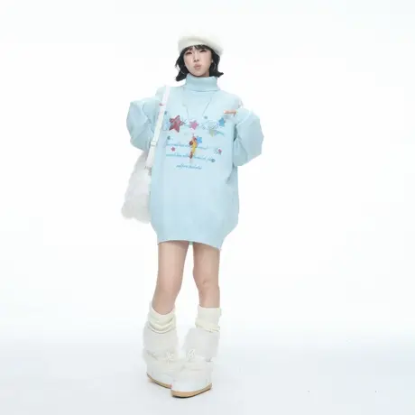 美式潮牌星星印花高领针织毛衣女秋季新款宽松慵懒风情侣打底上衣商品大图