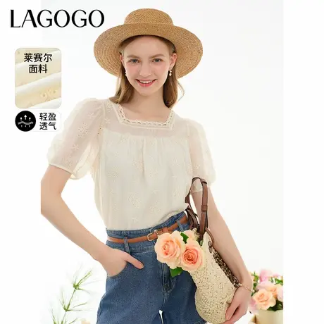 【莱赛尔】LAGOGO法式绣花镂空上衣女拉谷谷夏季新款花边方领短袖商品大图