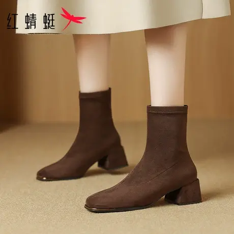 红蜻蜓女鞋2025新款靴子女秋冬马丁靴高跟短靴瘦瘦弹力靴妈妈靴图片