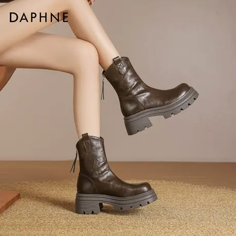 达芙妮棕色马丁靴女款2026新款春季厚底英伦风短靴复古美拉德靴子图片