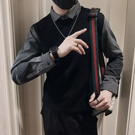 格子衬衫领假两件毛衣男秋冬2023潮牌韩版长袖针织打底衫男装上衣商品大图