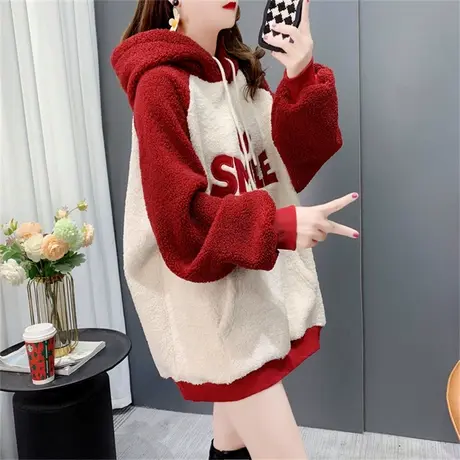 设计感插肩袖拼色连帽卫衣女2022新款秋冬宽松加绒加厚羊羔毛外套图片