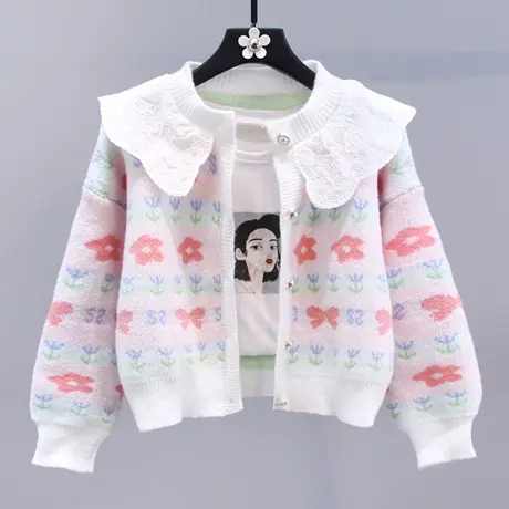 小香风蕾丝娃娃领毛衣外套女秋冬2023新款宽松日系甜美针织开衫商品大图