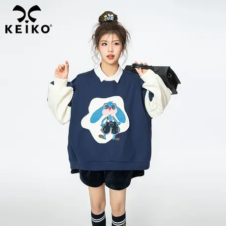 兔年系列兔子绣花加绒卫衣女秋季新款洋气减龄圆领宽松拼色上衣潮商品大图