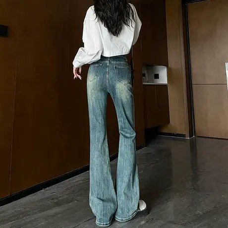 微喇牛仔裤女春秋显瘦高腰设计感小众小个子喇叭裤子复古做旧水洗商品大图