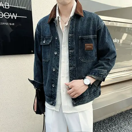 美式复古翻领拼接设计感牛仔外套男春秋季个性痞帅机车服牛仔夹克商品大图