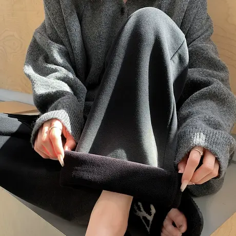 渐变色加绒阔腿裤女冬季新款加厚高腰设计感休闲宽松直筒拖地裤子商品大图