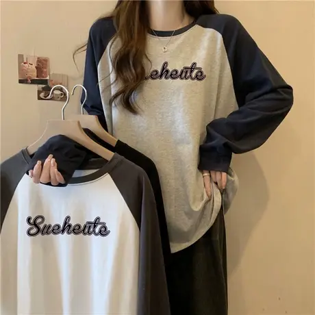 美式ins潮牌长袖T恤女春秋冬季加绒加厚插肩袖上衣内搭德绒打底衫商品大图