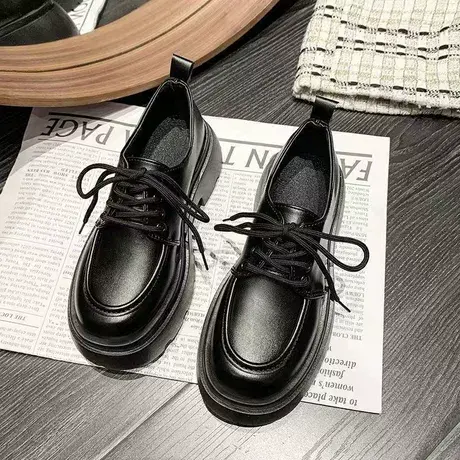 英伦风学院风小皮鞋子女英伦风2023年新款乐福鞋黑色系带厚底单鞋商品大图