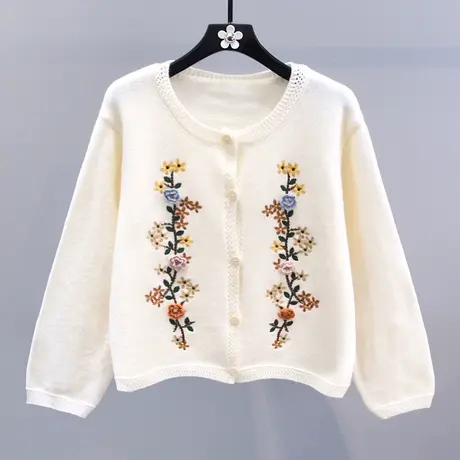 小清新立体钩花刺绣毛衣外套女秋冬2023新款宽松设计感针织开衫商品大图
