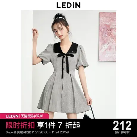 乐町大翻领蝴蝶结甜美连衣裙女2023年夏季新款通勤格纹显瘦百褶裙图片