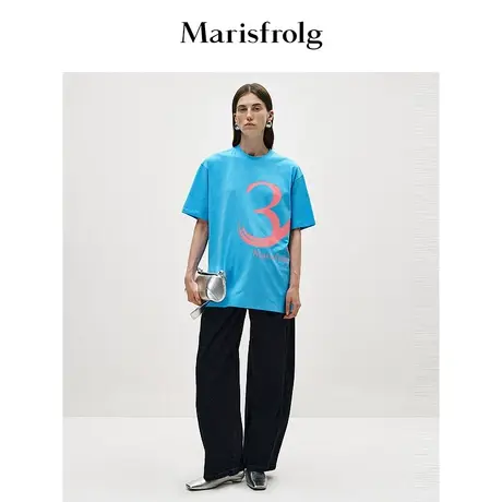【商场同款】玛丝菲尔30周年新款蓝色圆领撞色时尚宽松T恤商品大图