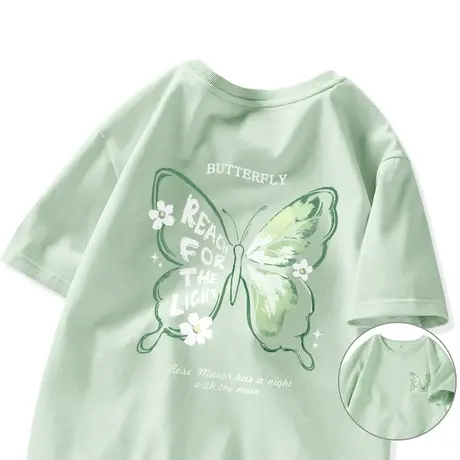 真维斯LIFE薄荷绿短袖t恤女新款2023夏季纯棉圆领宽松韩版上衣女商品大图