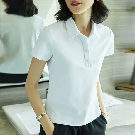 刺绣定制工作服夏装上衣短袖t恤女纯色修身polo领半袖女士白体恤商品大图