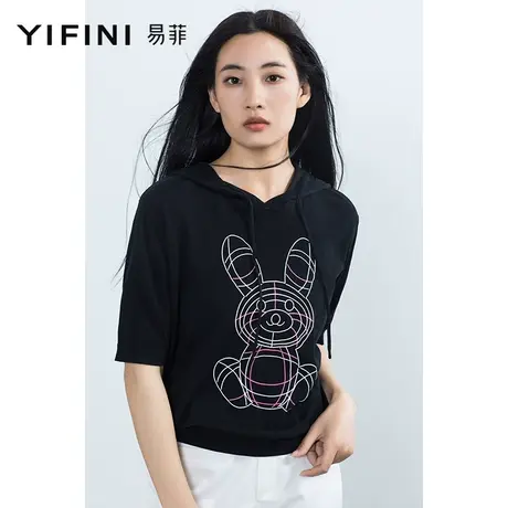 Yifini/易菲宽松连帽短袖薄款卫衣女夏装新款印花套头上衣商品大图